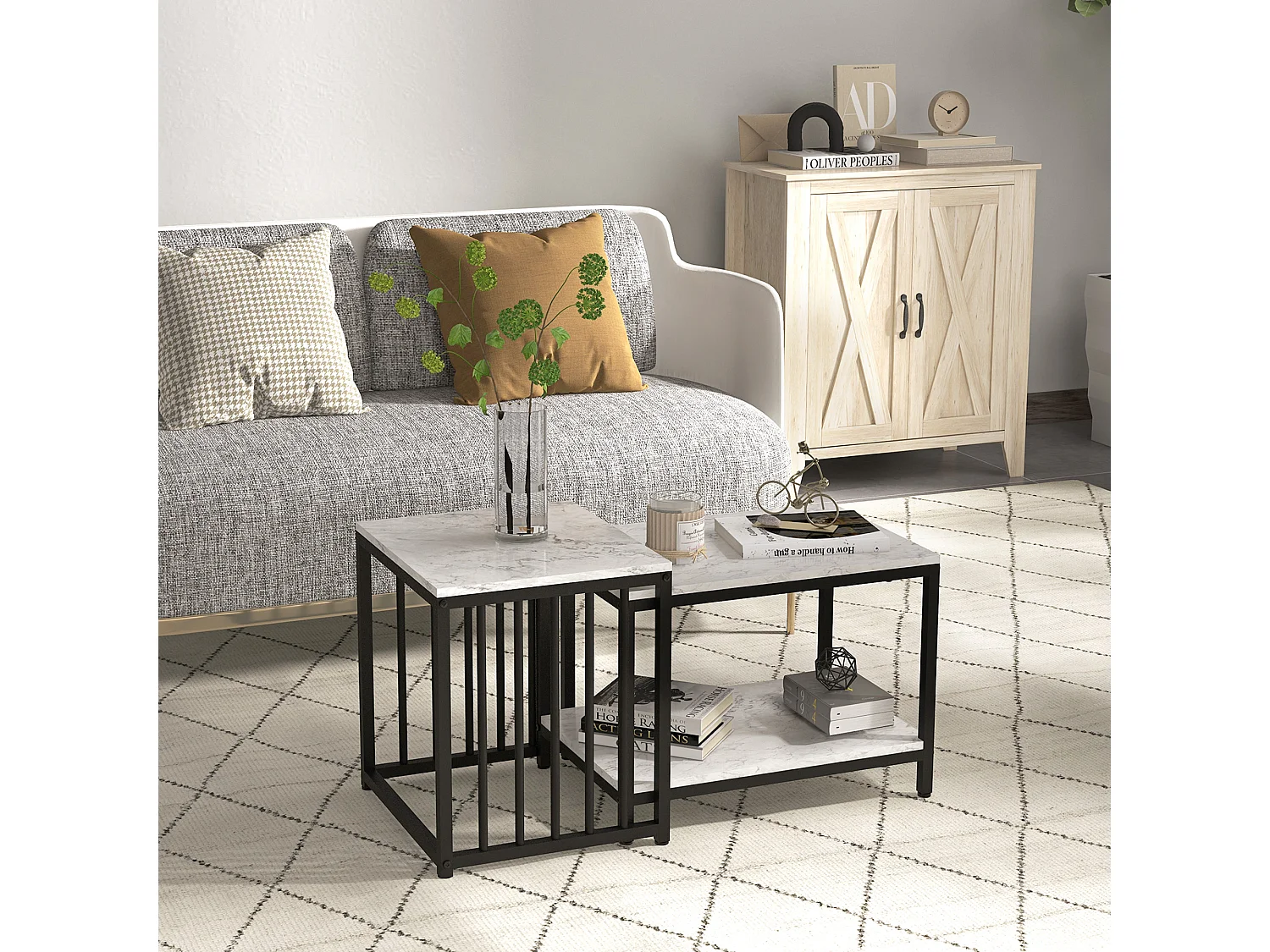 Lot de 2 tables basses gigognes design - acier noir panneaux aspect marbre blanc