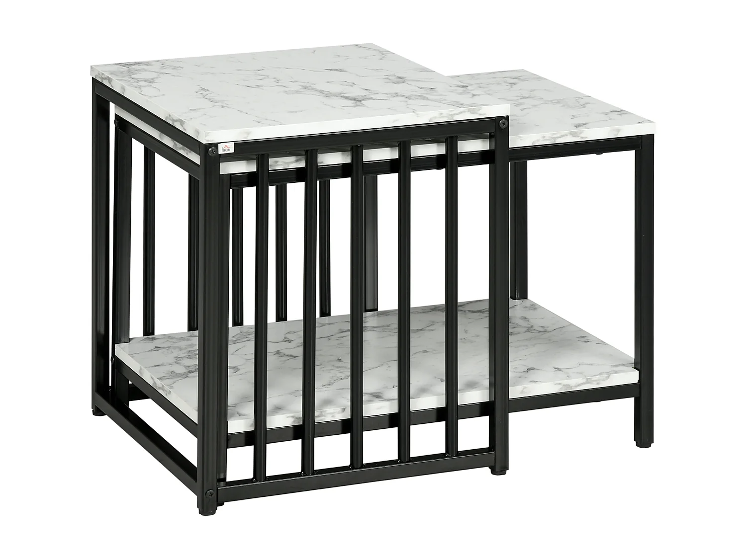 Lot de 2 tables basses gigognes design - acier noir panneaux aspect marbre blanc