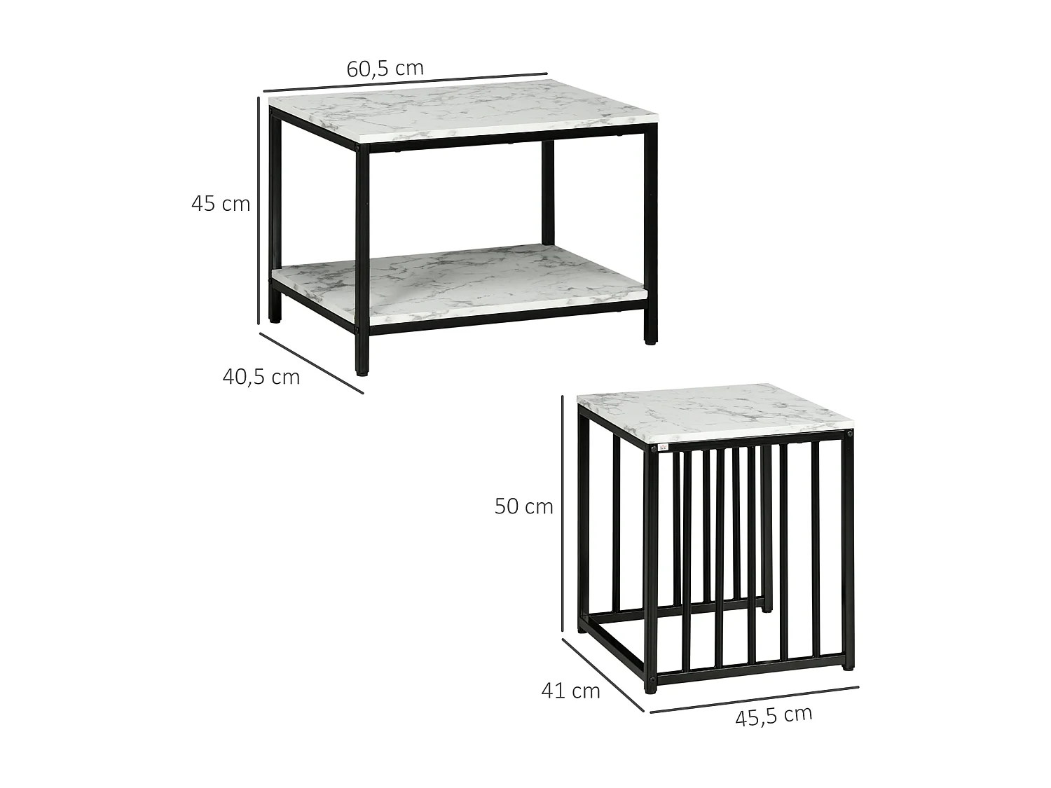 Lot de 2 tables basses gigognes design - acier noir panneaux aspect marbre blanc