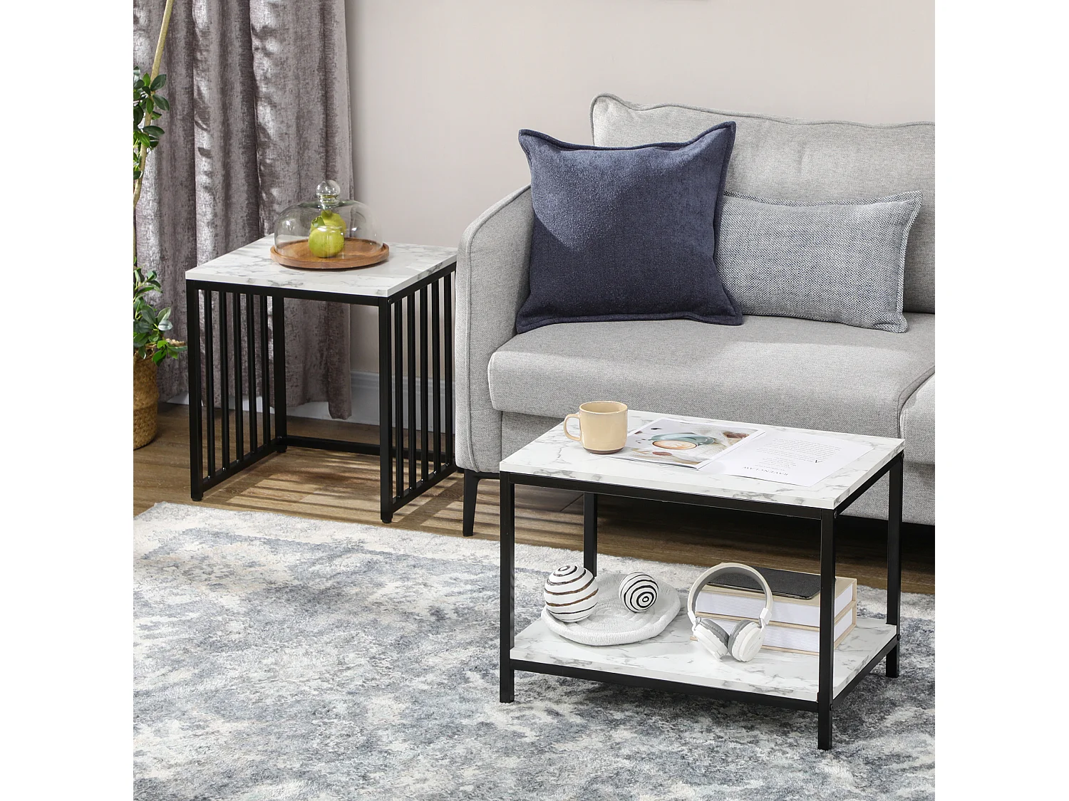 Lot de 2 tables basses gigognes design - acier noir panneaux aspect marbre blanc