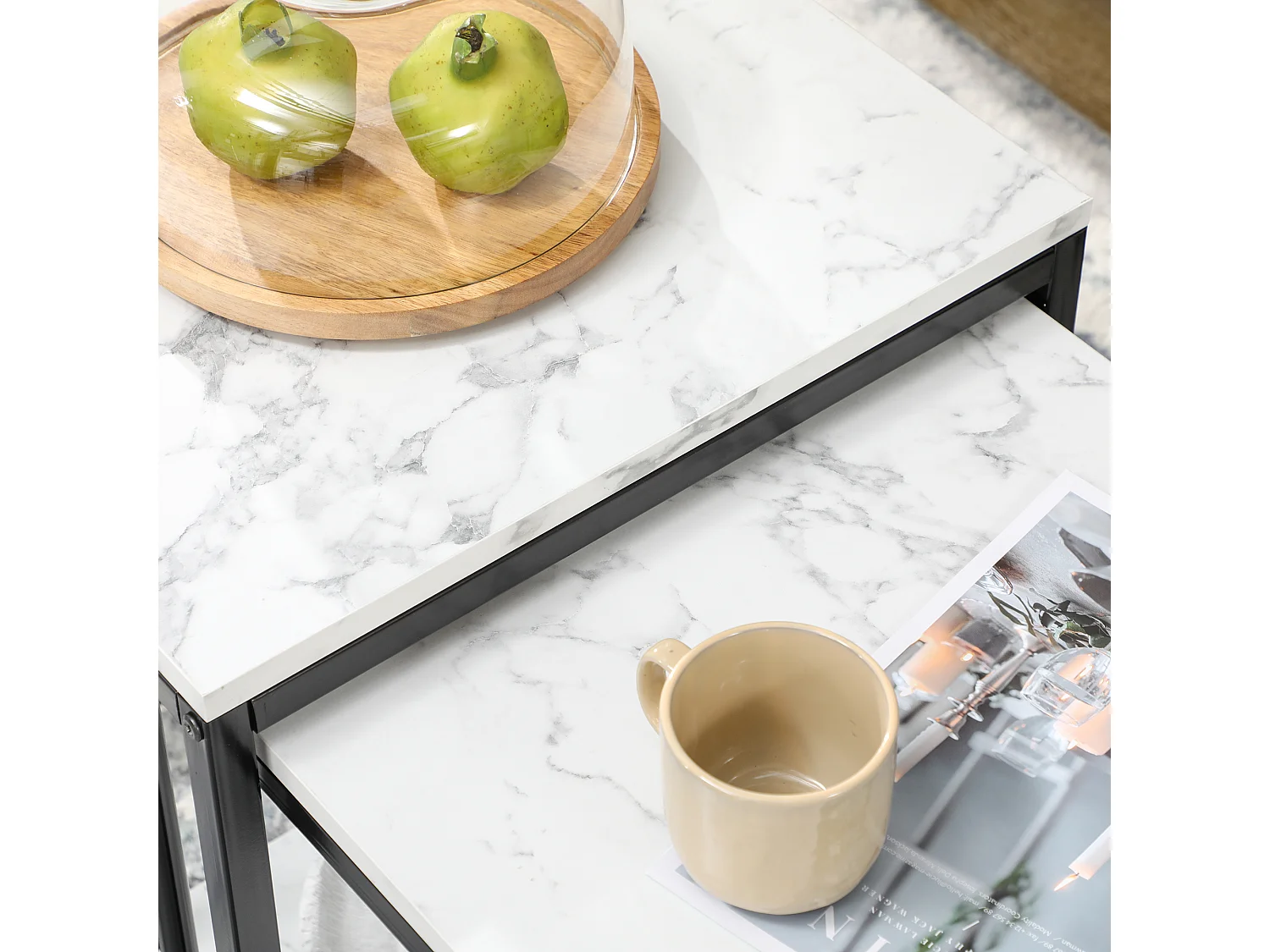 Lot de 2 tables basses gigognes design - acier noir panneaux aspect marbre blanc