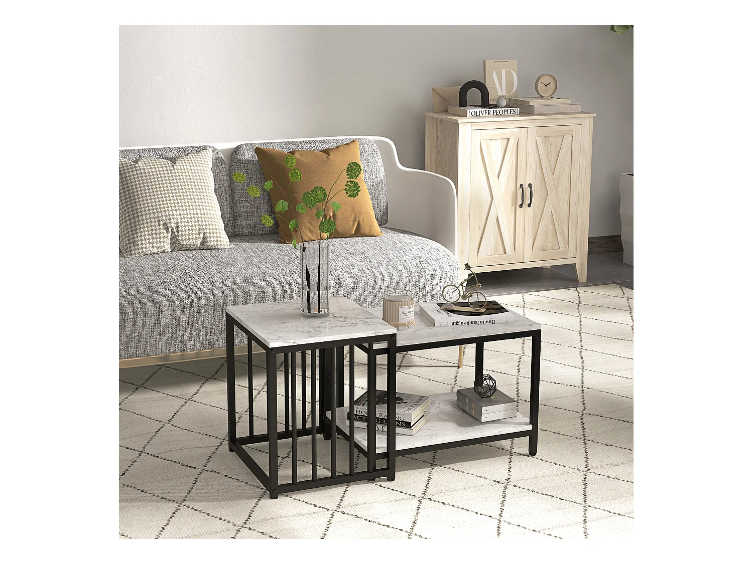 Lot de 2 tables basses gigognes design - acier noir panneaux aspect marbre blanc
