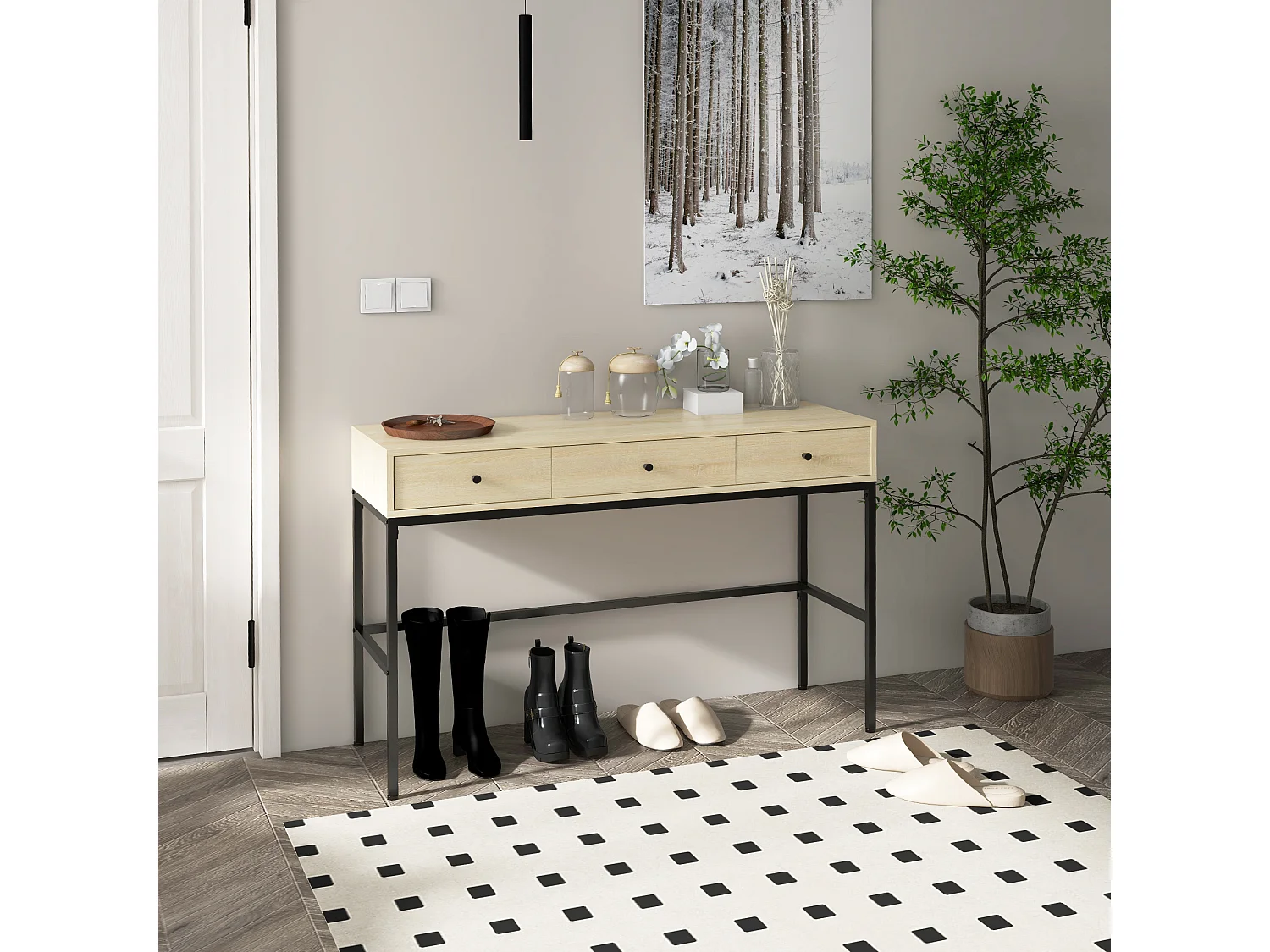 Console design industriel 3 tiroirs structure piètement acier noir panneaux aspect bois clair