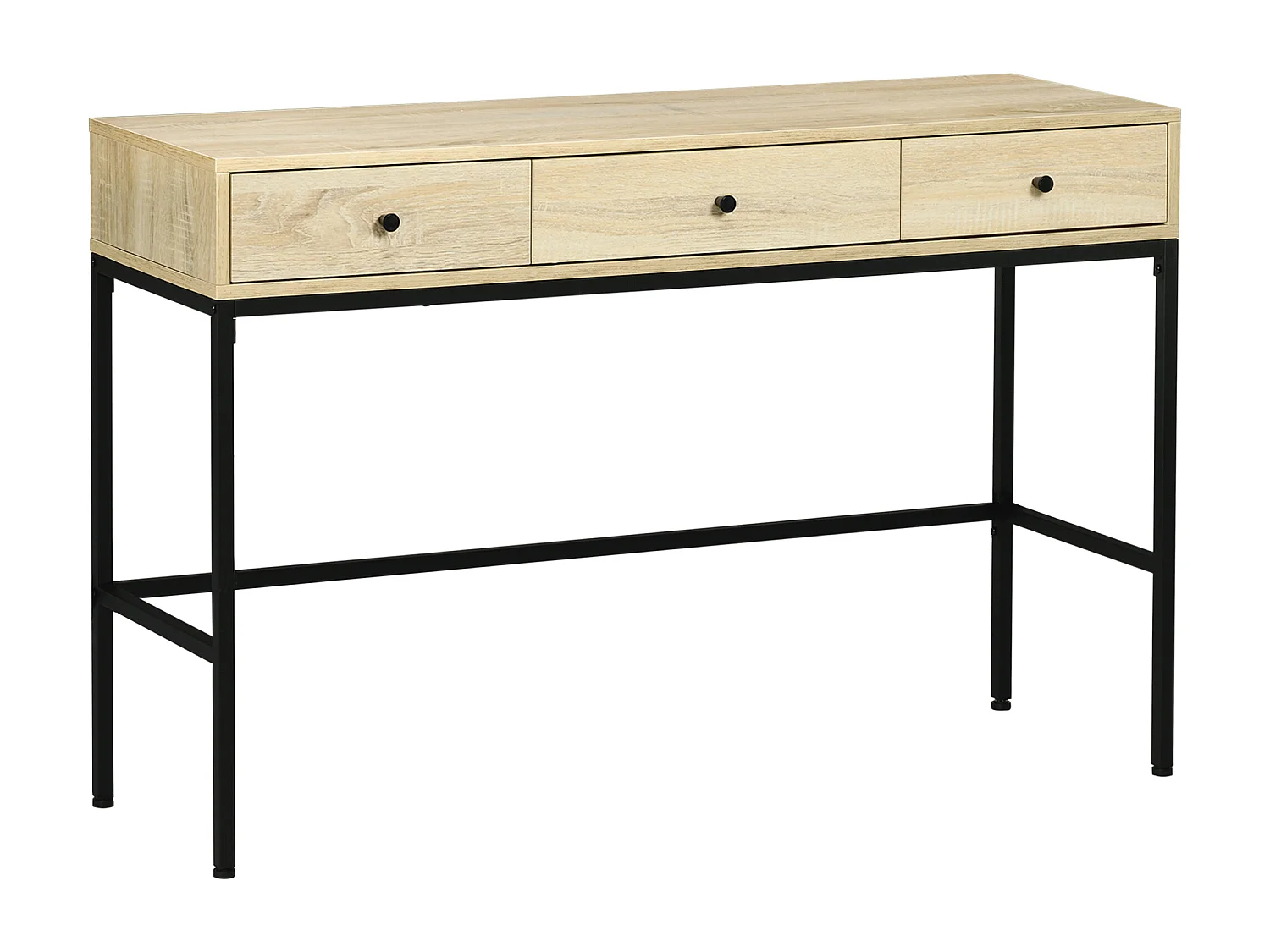 Console design industriel 3 tiroirs structure piètement acier noir panneaux aspect bois clair