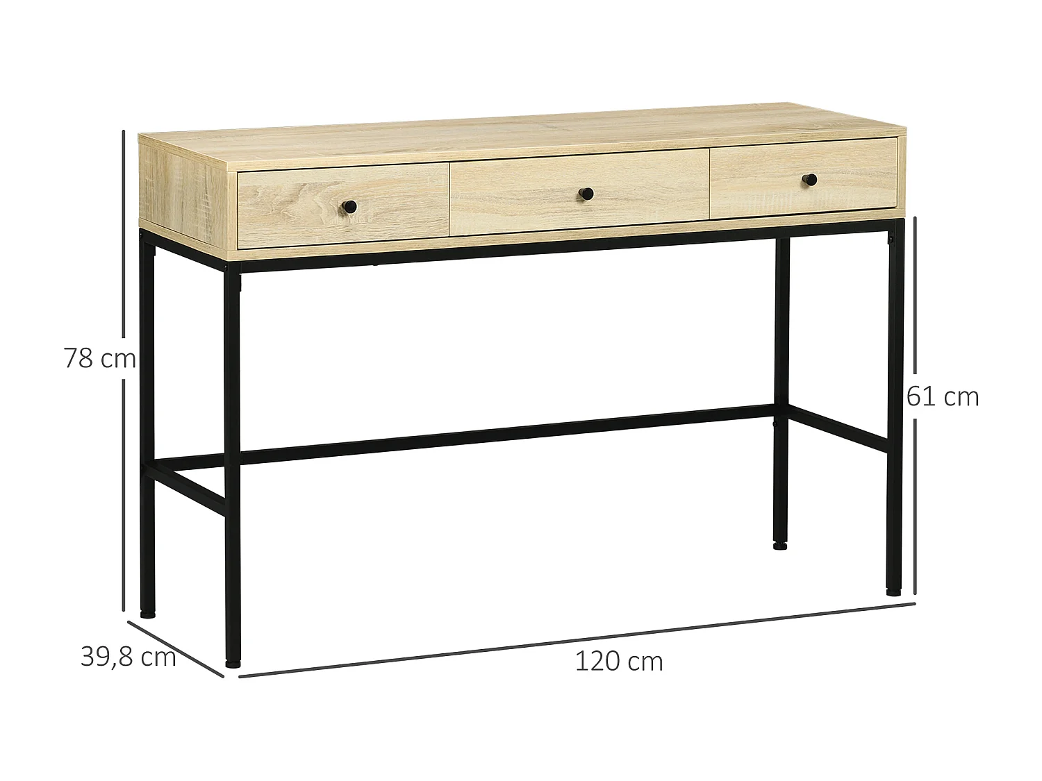 Console design industriel 3 tiroirs structure piètement acier noir panneaux aspect bois clair