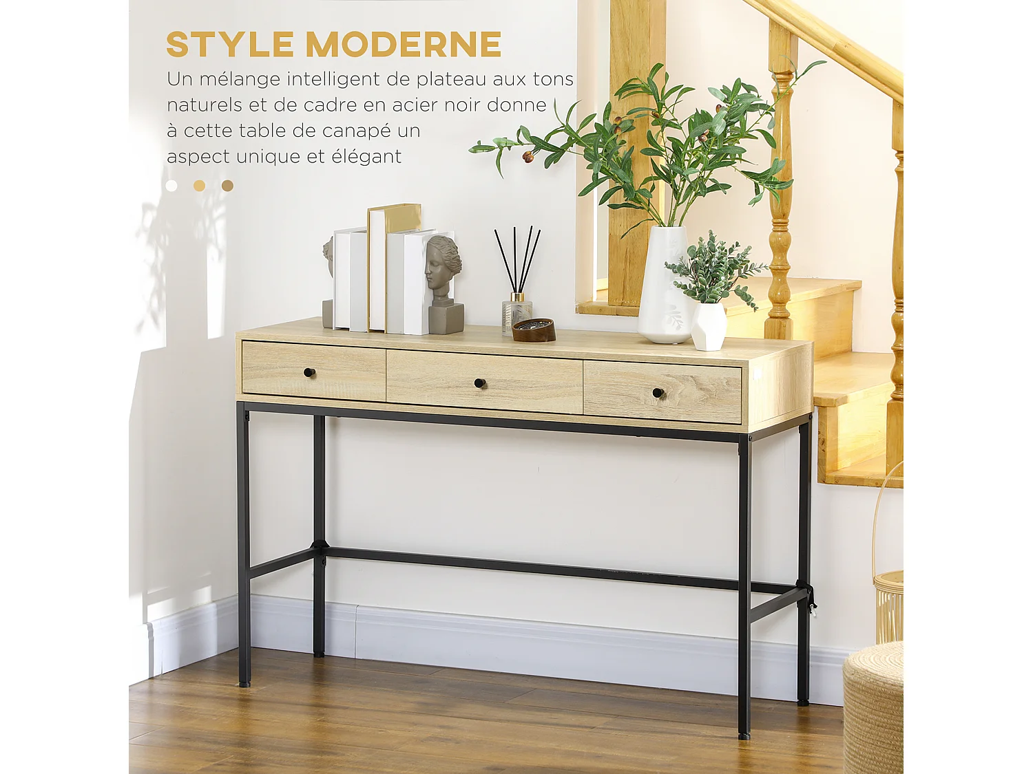 Console design industriel 3 tiroirs structure piètement acier noir panneaux aspect bois clair