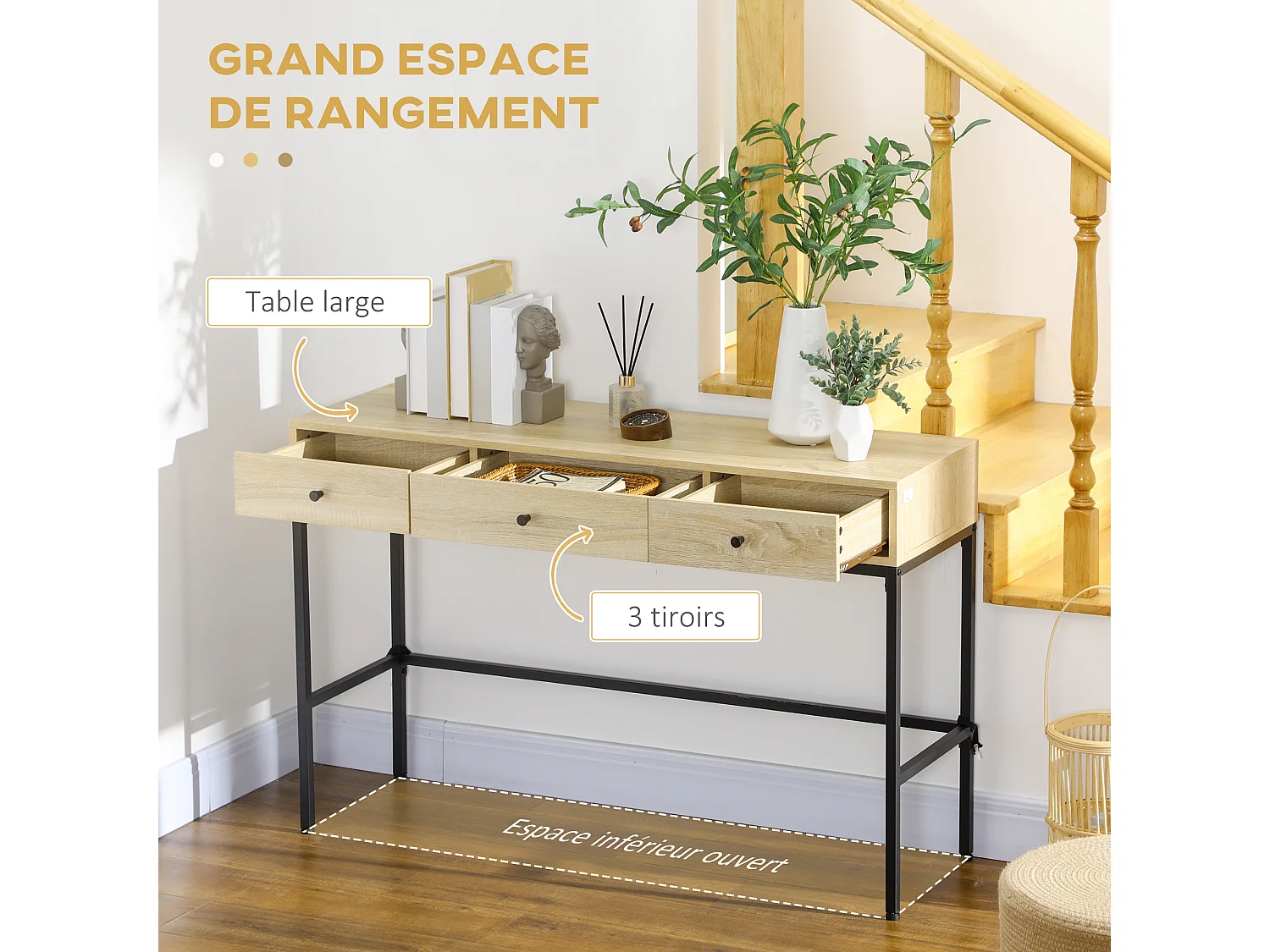 Console design industriel 3 tiroirs structure piètement acier noir panneaux aspect bois clair