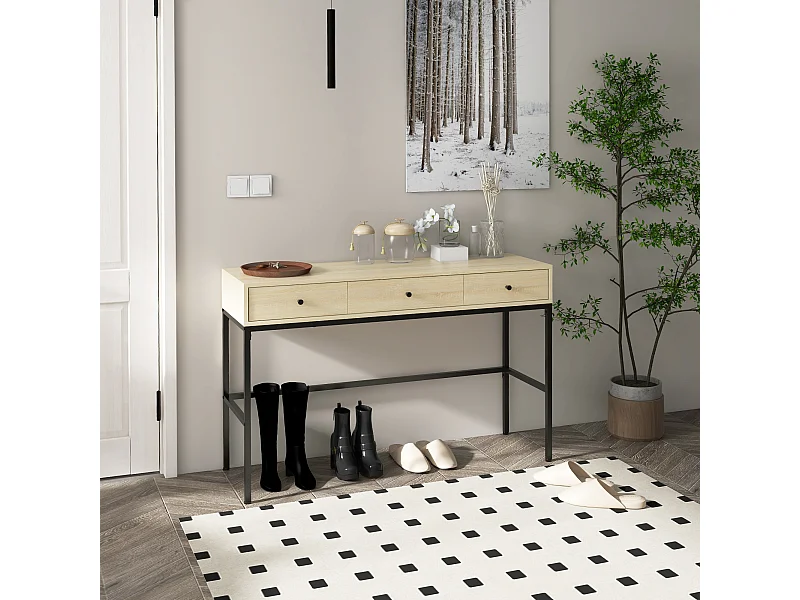 Console design industriel 3 tiroirs structure piètement acier noir panneaux aspect bois clair