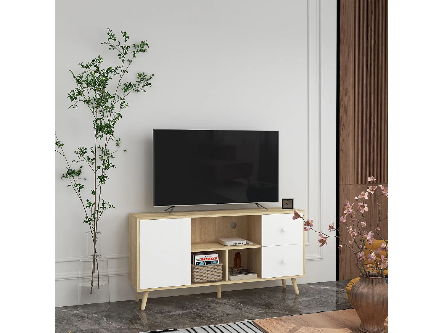 Meuble TV scandinave porte 3 niches 2 tiroirs piètement bois de pin aspect chêne clair blanc