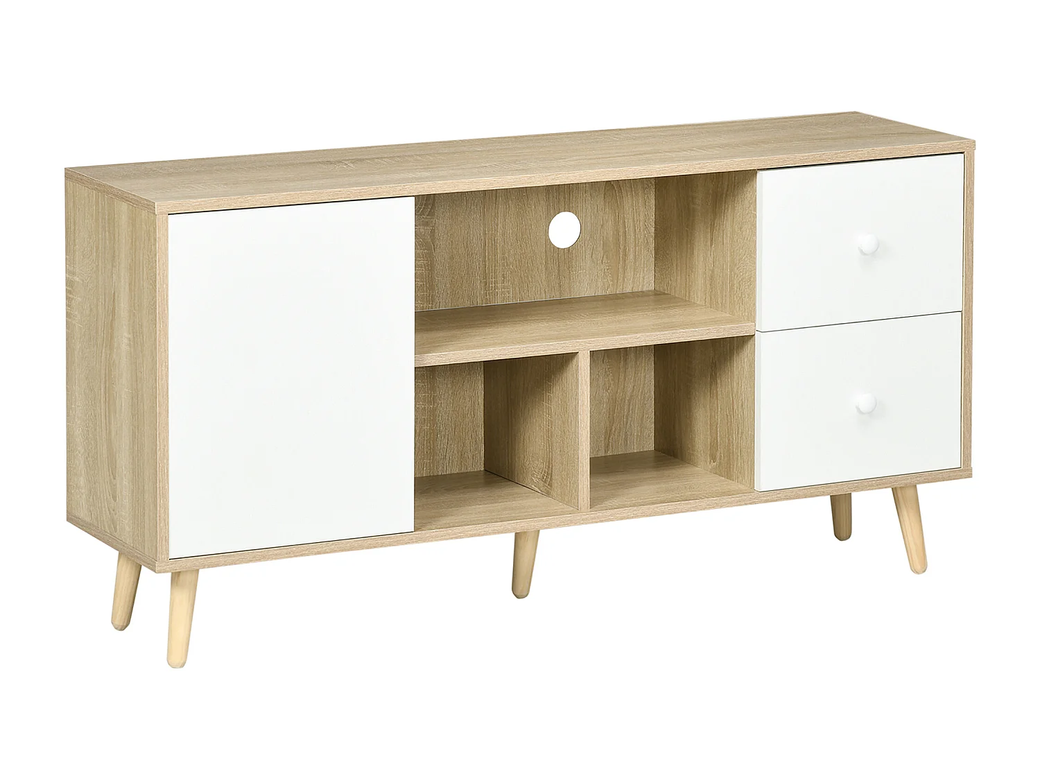 Meuble TV scandinave porte 3 niches 2 tiroirs piètement bois de pin aspect chêne clair blanc