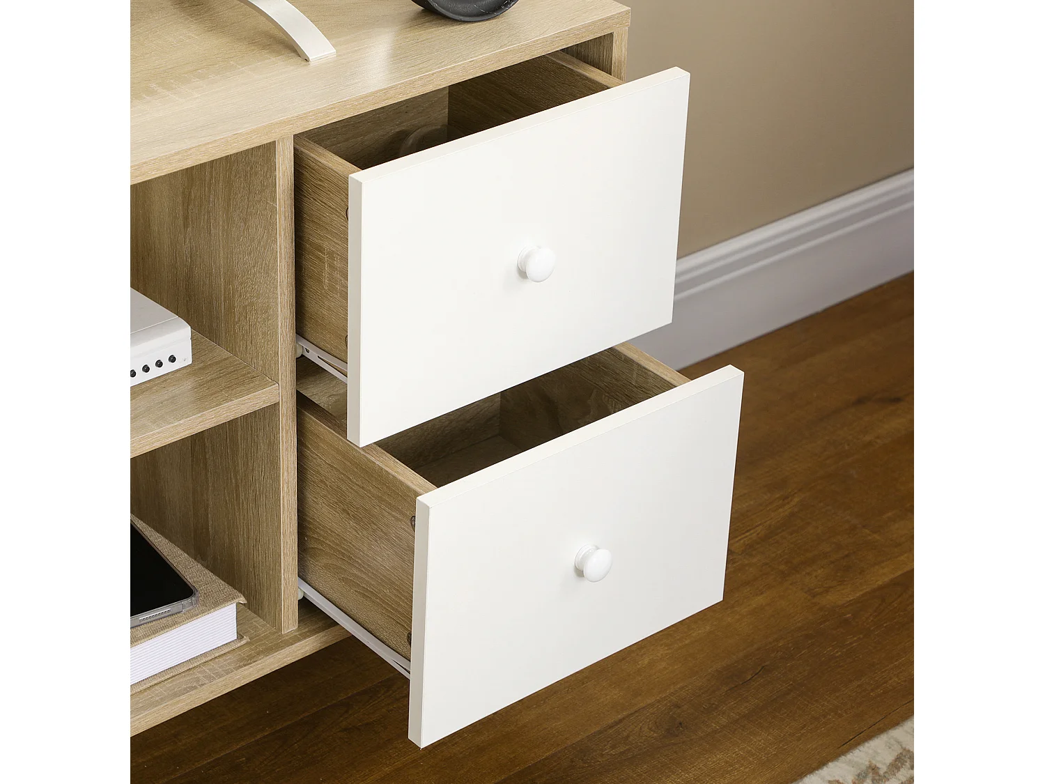 Meuble TV scandinave porte 3 niches 2 tiroirs piètement bois de pin aspect chêne clair blanc