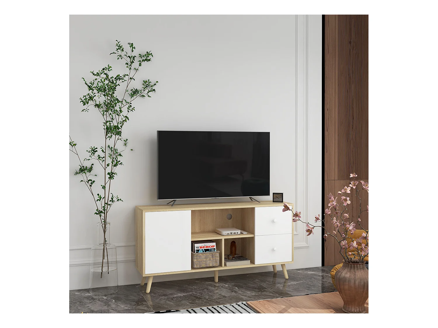 Meuble TV scandinave porte 3 niches 2 tiroirs piètement bois de pin aspect chêne clair blanc