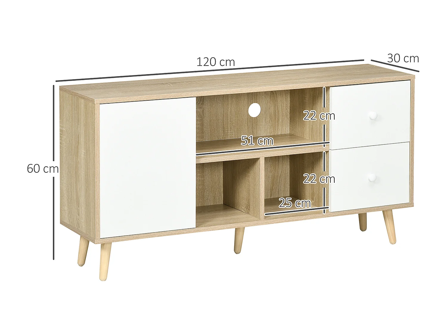 Meuble TV scandinave porte 3 niches 2 tiroirs piètement bois de pin aspect chêne clair blanc