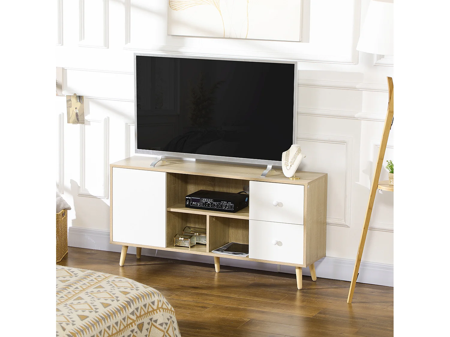 Meuble TV scandinave porte 3 niches 2 tiroirs piètement bois de pin aspect chêne clair blanc