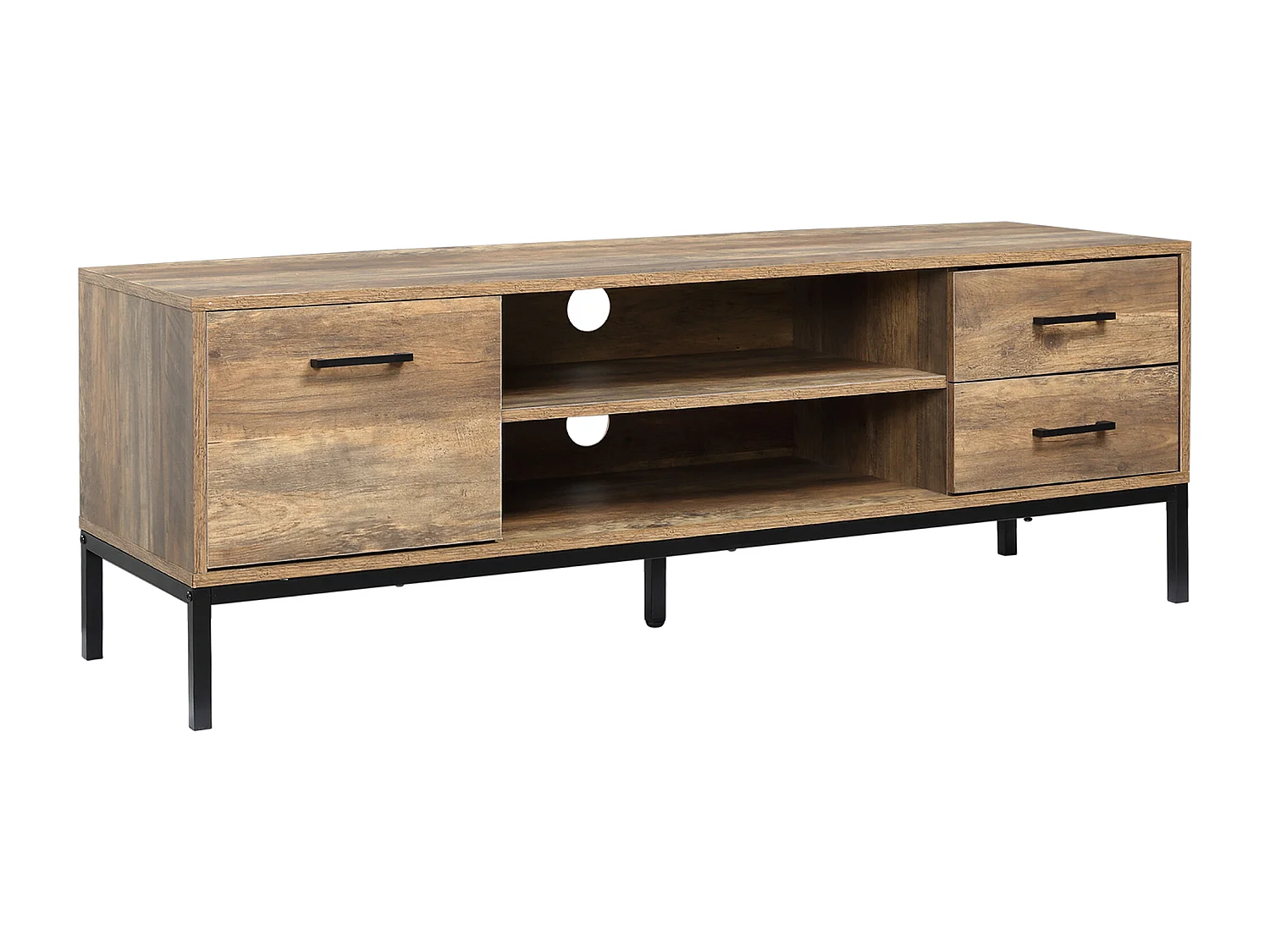 Meuble TV banc TV design industriel - porte, 2 tiroirs, 2 niches - piètement acier noir - aspect bois de manguier