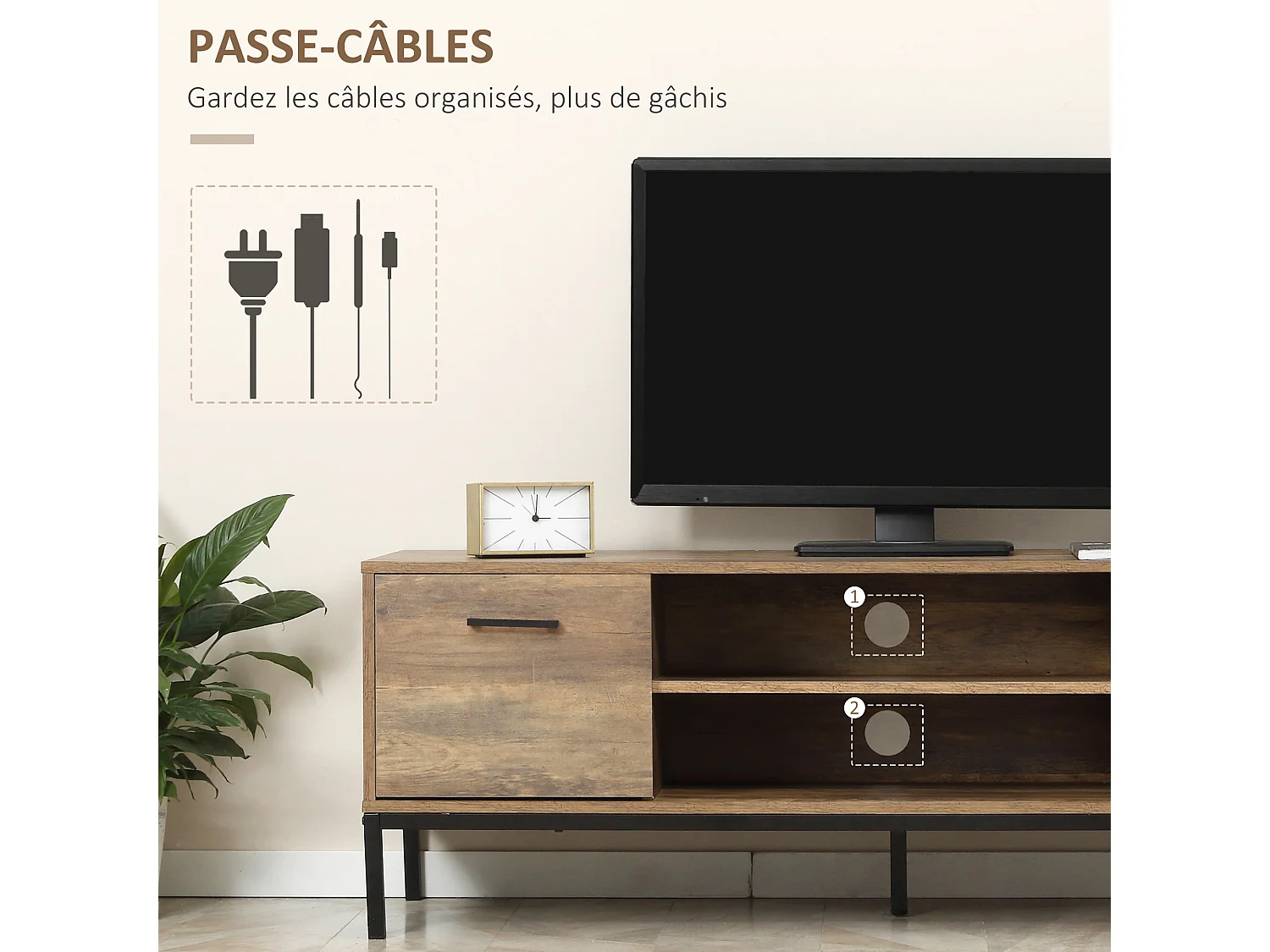 Meuble TV banc TV design industriel - porte, 2 tiroirs, 2 niches - piètement acier noir - aspect bois de manguier