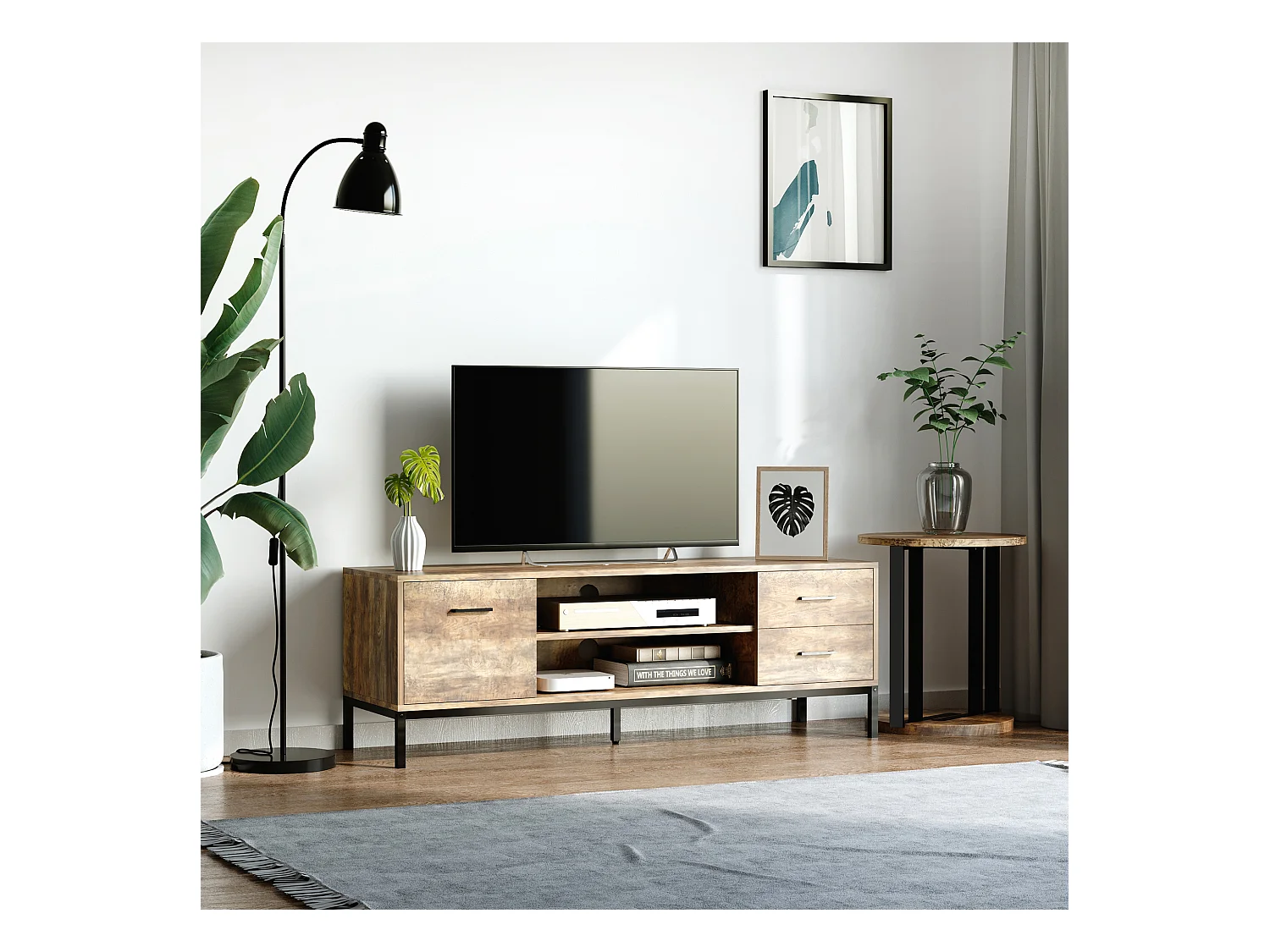 Meuble TV banc TV design industriel - porte, 2 tiroirs, 2 niches - piètement acier noir - aspect bois de manguier