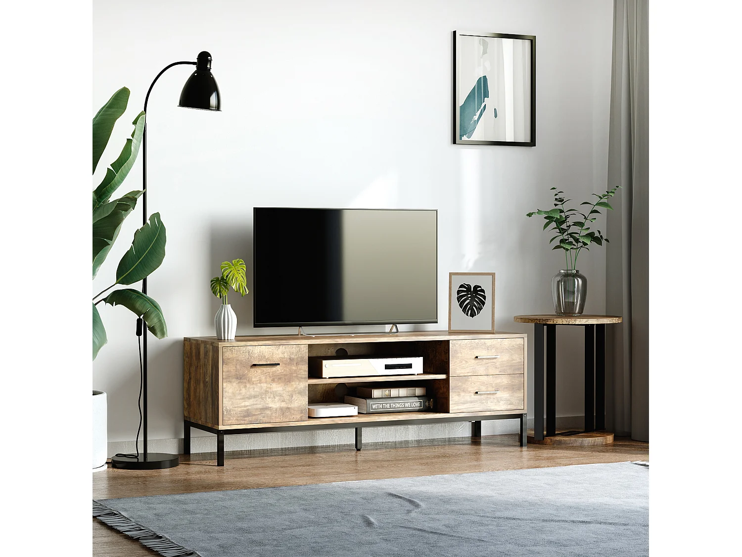 Meuble TV banc TV design industriel - porte, 2 tiroirs, 2 niches - piètement acier noir - aspect bois de manguier