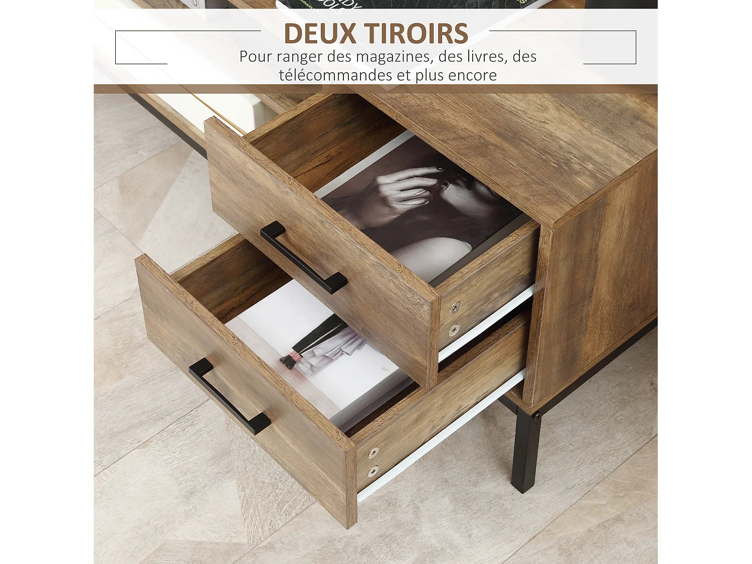 Meuble TV banc TV design industriel - porte, 2 tiroirs, 2 niches - piètement acier noir - aspect bois de manguier