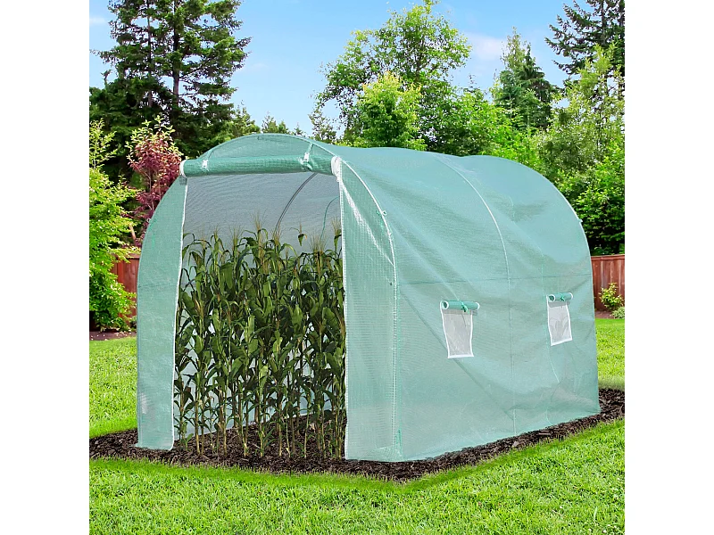 Serre de jardin tunnel surface sol 6 m² 3L x 2l x 2,10H m châssis tubulaire renforcé porte zippée 4 fenêtres enroulables vert