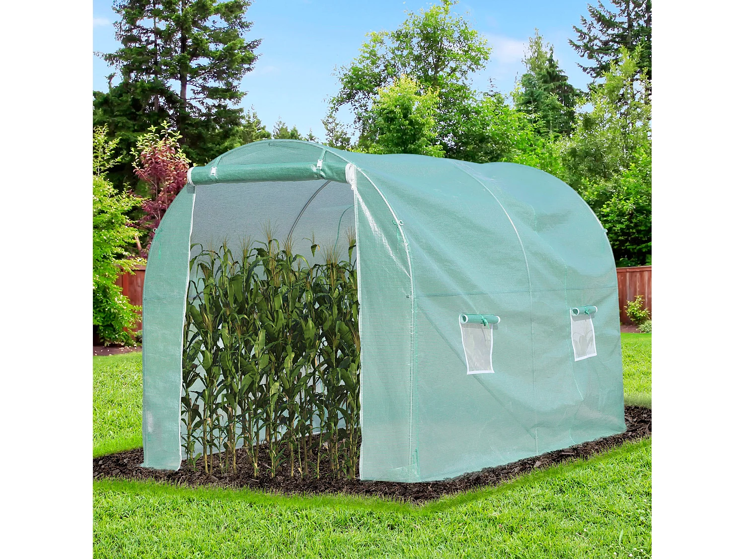 Serre de jardin tunnel surface sol 6 m² 3L x 2l x 2,10H m châssis tubulaire renforcé porte zippée 4 fenêtres enroulables vert