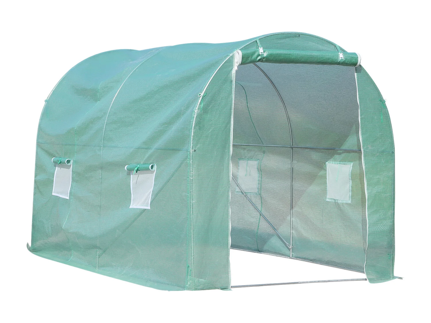 Serre de jardin tunnel surface sol 6 m² 3L x 2l x 2,10H m châssis tubulaire renforcé porte zippée 4 fenêtres enroulables vert
