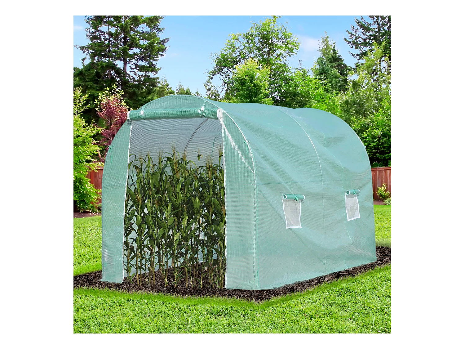 Serre de jardin tunnel surface sol 6 m² 3L x 2l x 2,10H m châssis tubulaire renforcé porte zippée 4 fenêtres enroulables vert