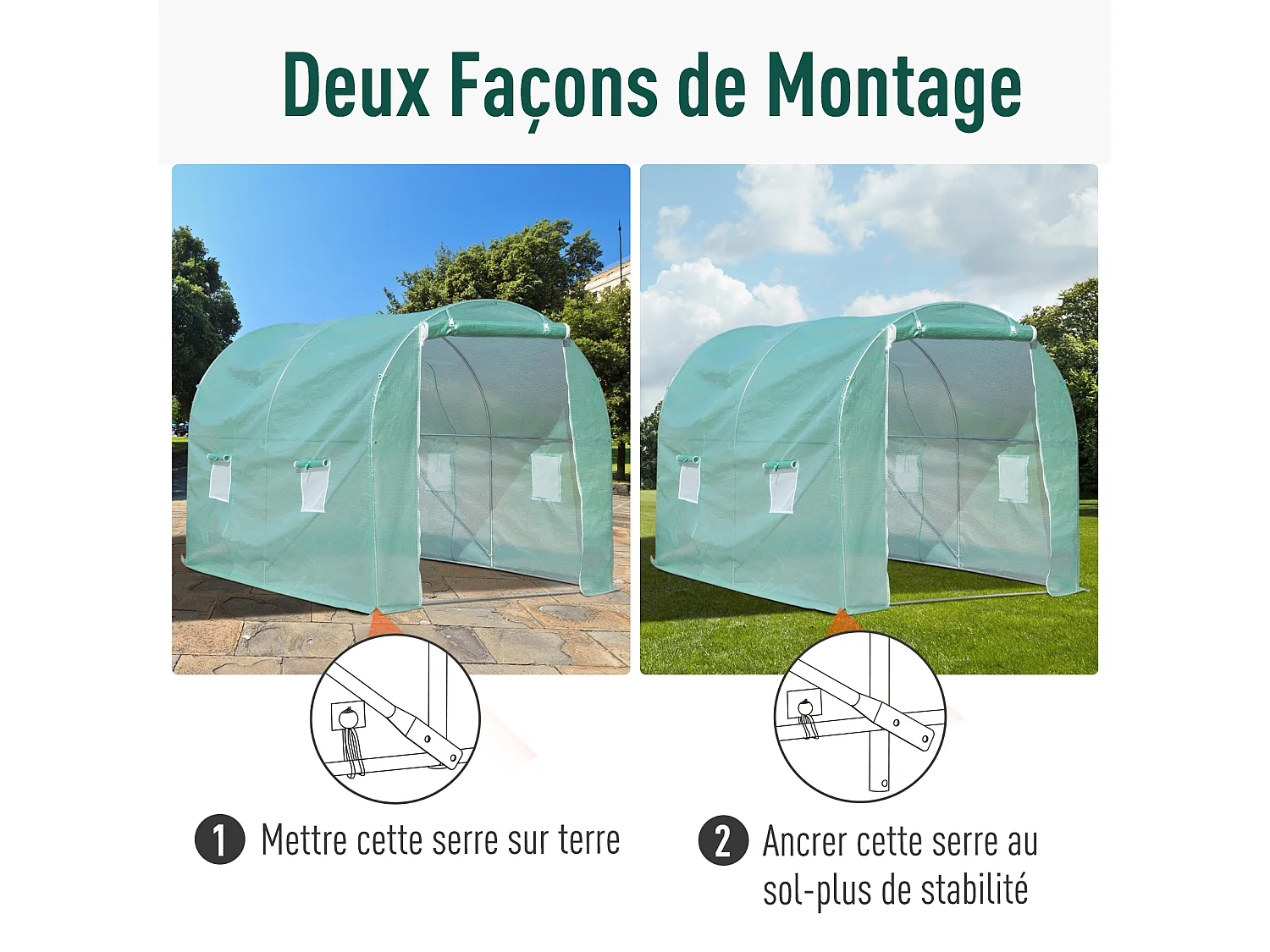 Serre de jardin tunnel surface sol 6 m² 3L x 2l x 2,10H m châssis tubulaire renforcé porte zippée 4 fenêtres enroulables vert