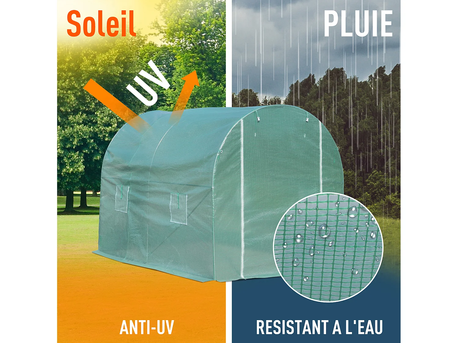 Serre de jardin tunnel surface sol 6 m² 3L x 2l x 2,10H m châssis tubulaire renforcé porte zippée 4 fenêtres enroulables vert