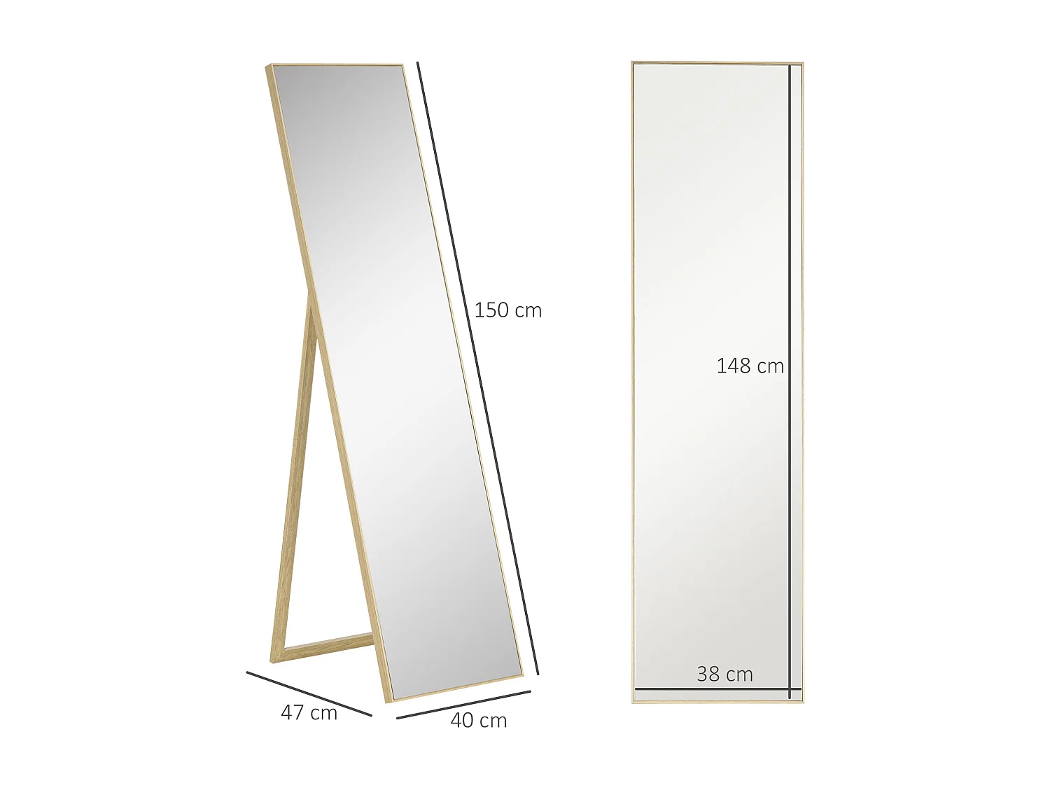 Miroir sur pied rectangulaire dim. 40L x 35l x 147H cm MDF aspect bois de chêne clair