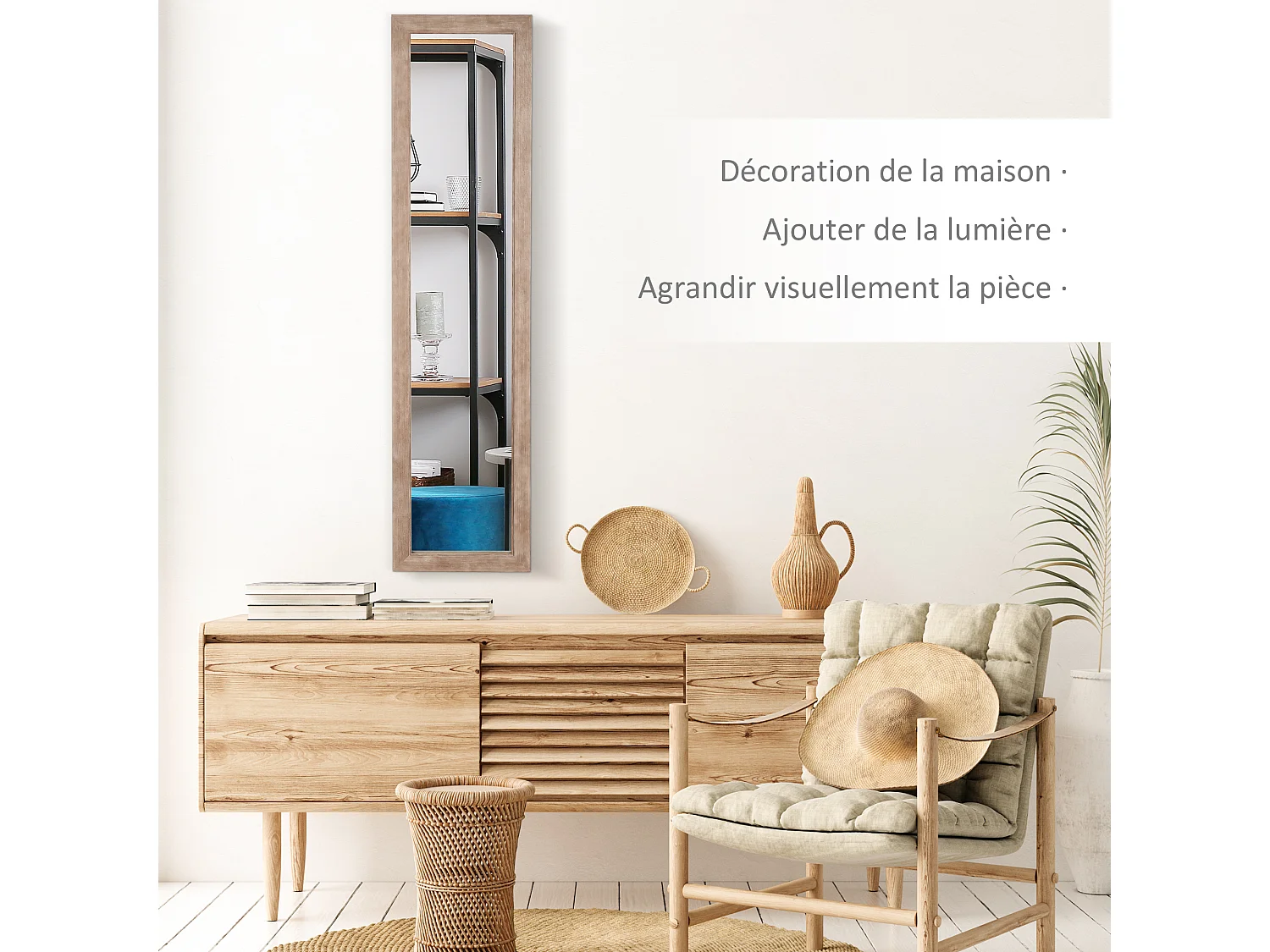 Miroir mural - film sécurité anti déflagrant, crochets attache inclus - cadre bois de pin effet vieilli