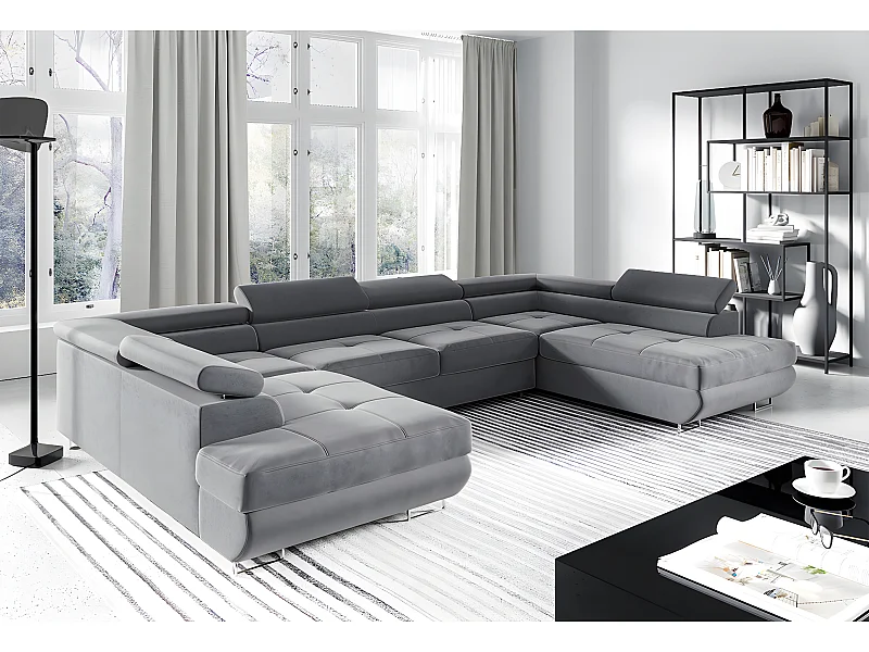 Canapé en U 5 places convertible avec coffre Wilson Gris