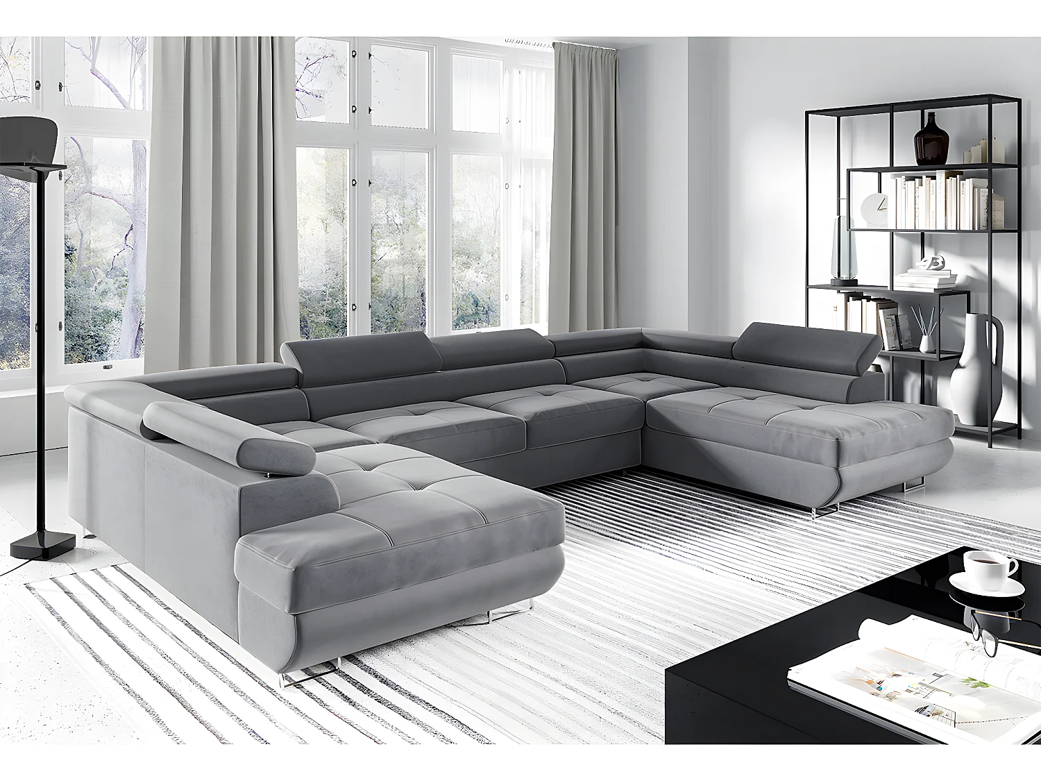 Canapé en U 5 places convertible avec coffre Wilson Gris