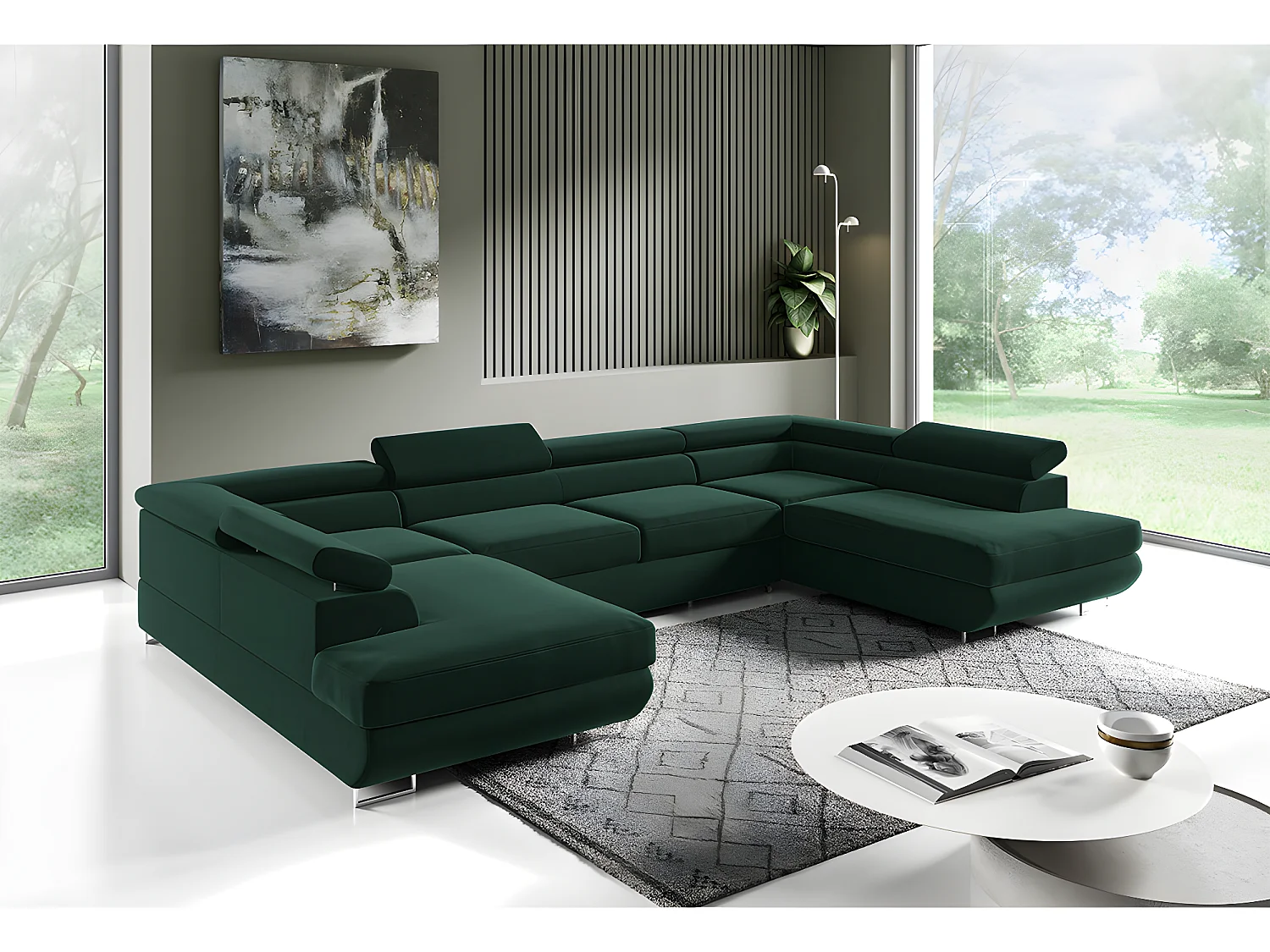 Canapé en U 5 places convertible avec coffre Lyam Vert sapin