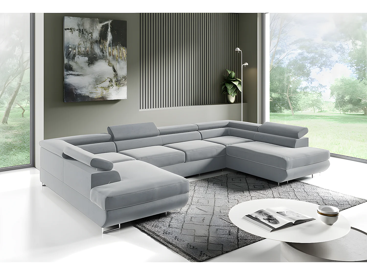 Canapé en U 5 places convertible avec coffre Lyam Gris clair