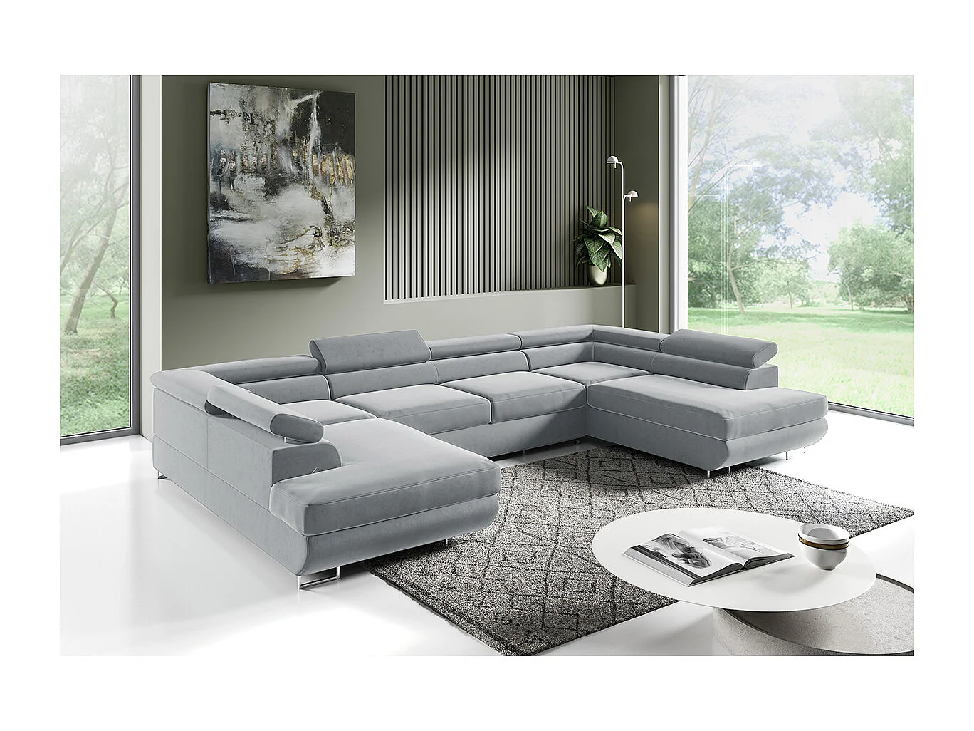 Canapé en U 5 places convertible avec coffre Lyam Gris clair