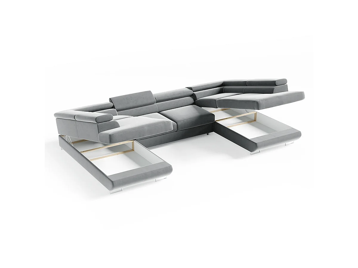 Canapé d'angle convertible 5 places avec coffre en velours gris clair LYAM
