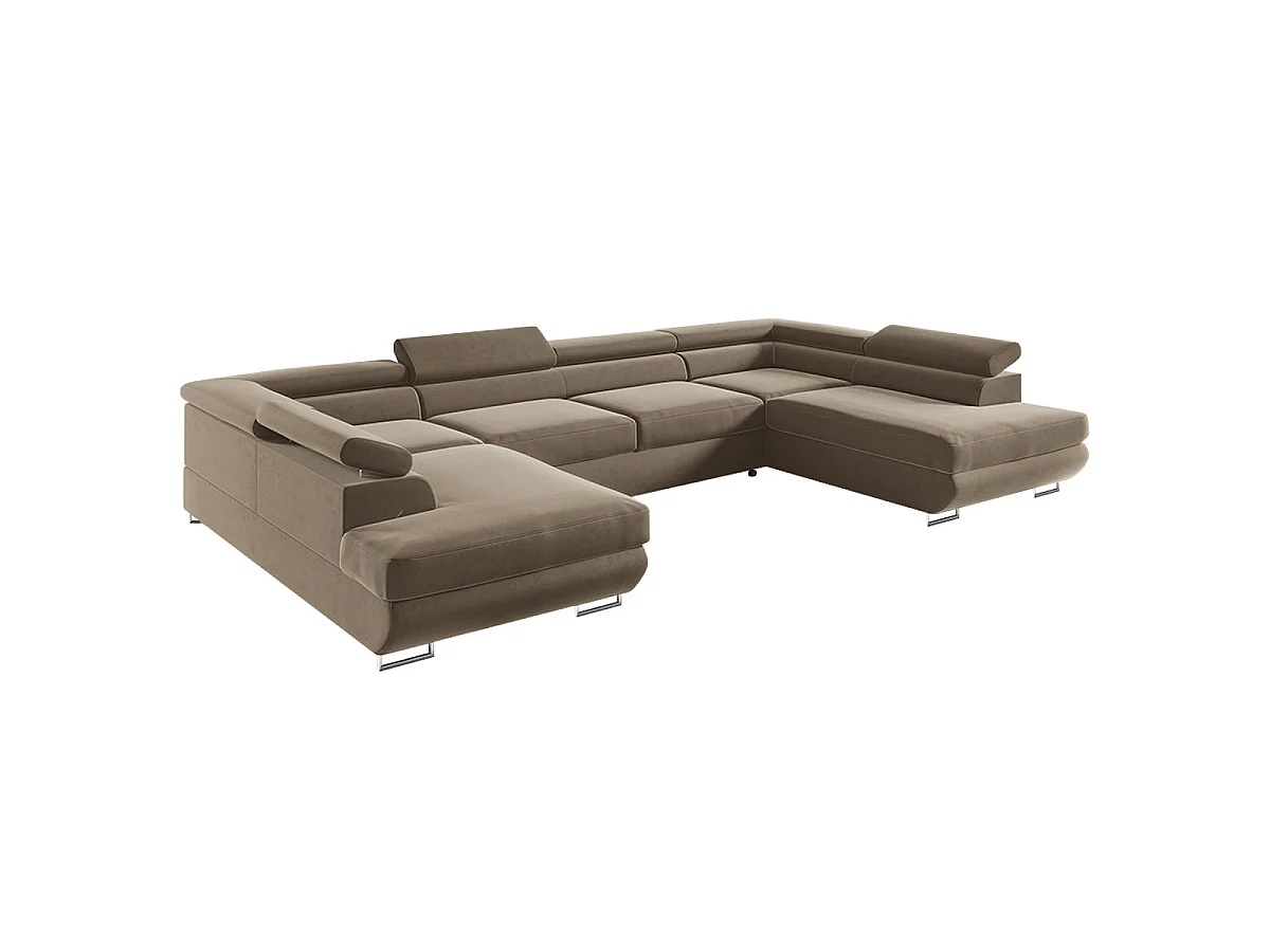 Canapé d'angle convertible 5 places avec coffre en velours marron LYAM