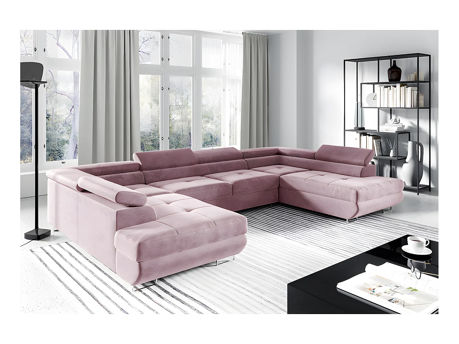 Canapé en U 5 places convertible avec coffre Wilson Rose