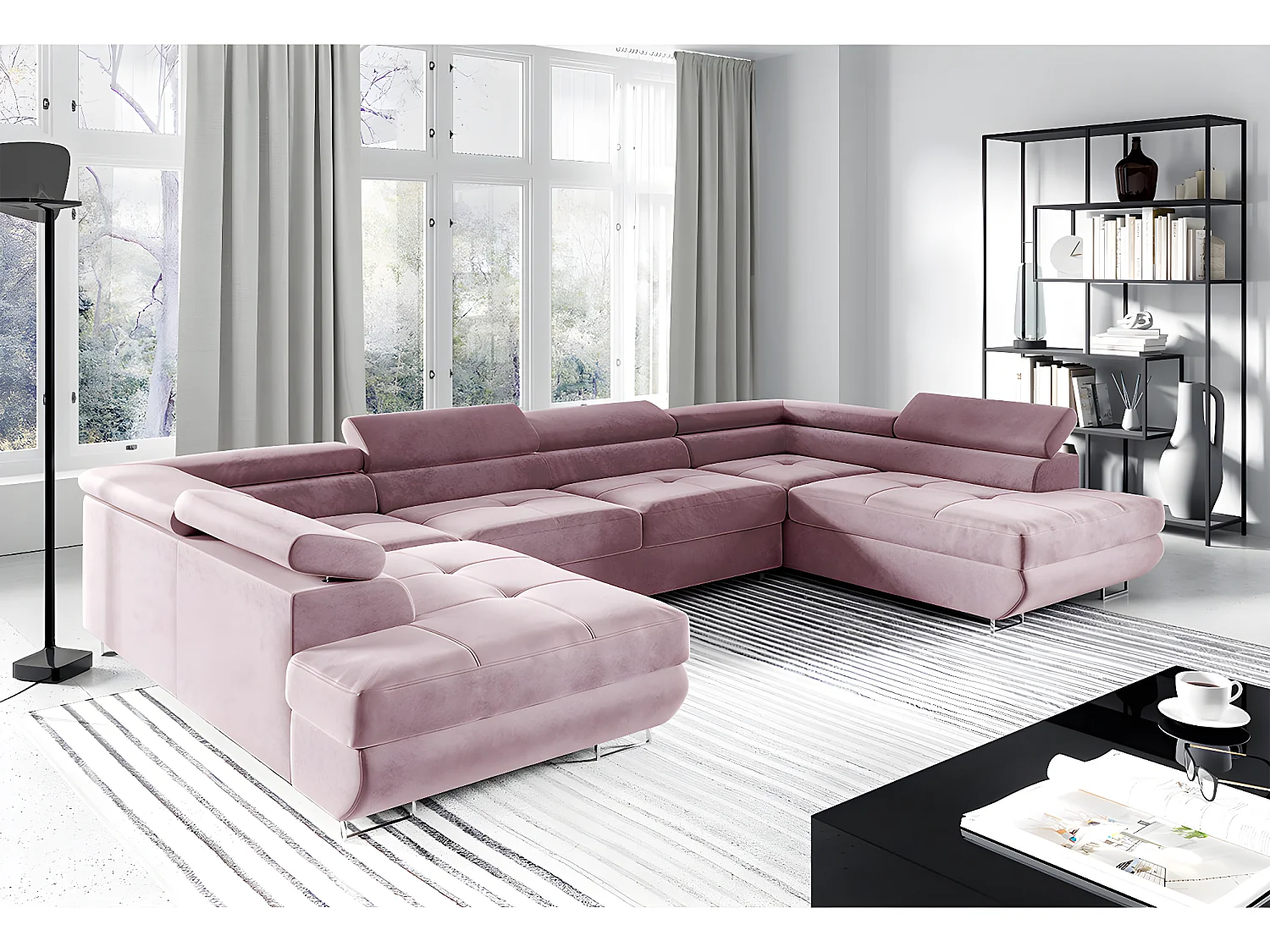 Canapé en U 5 places convertible avec coffre Wilson Rose