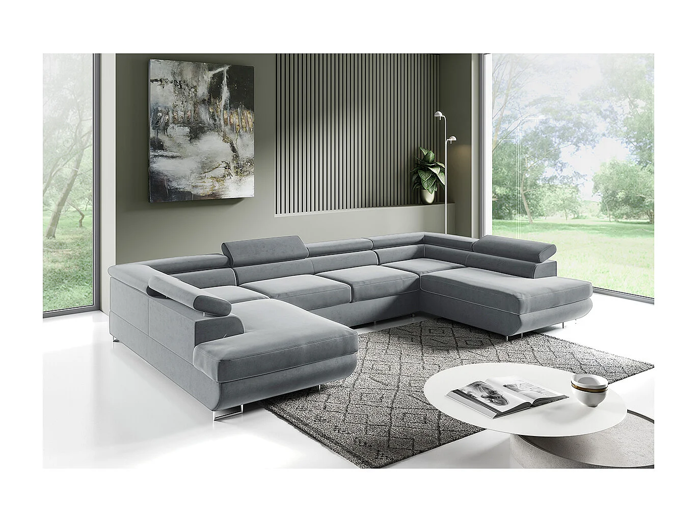 Canapé en U 5 places convertible avec coffre Lyam Gris