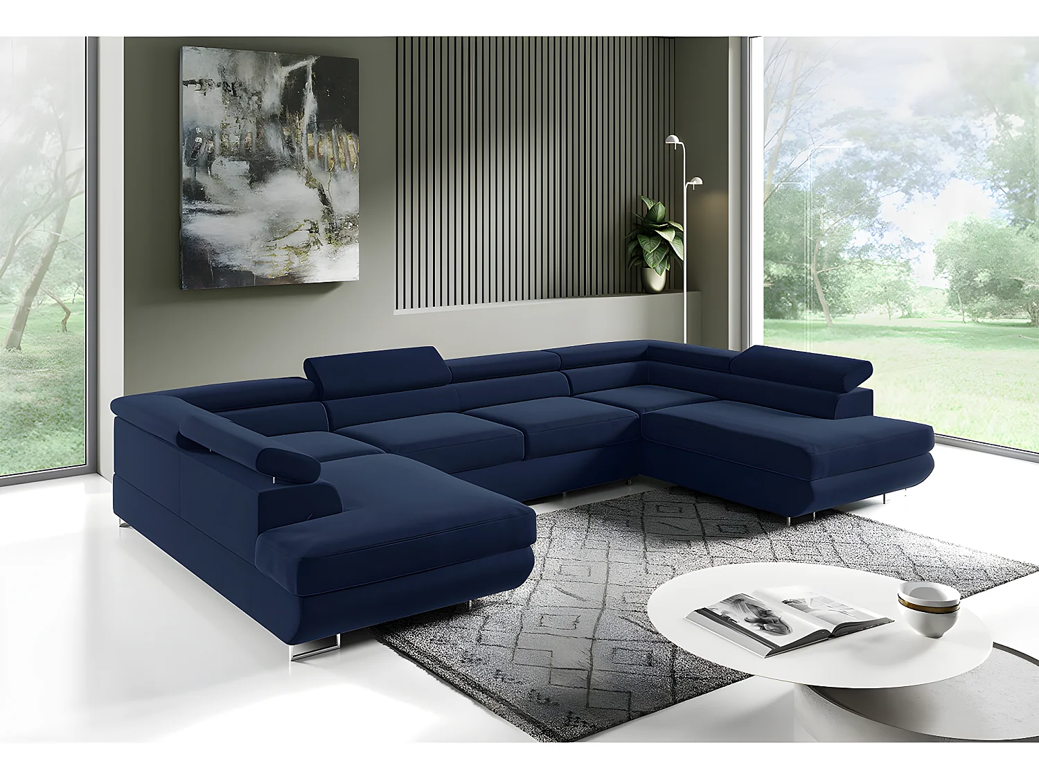 Canapé en U 5 places convertible avec coffre Lyam Bleu marine