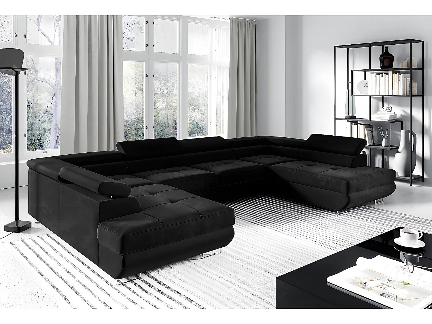 Canapé en U 5 places convertible avec coffre Wilson Noir