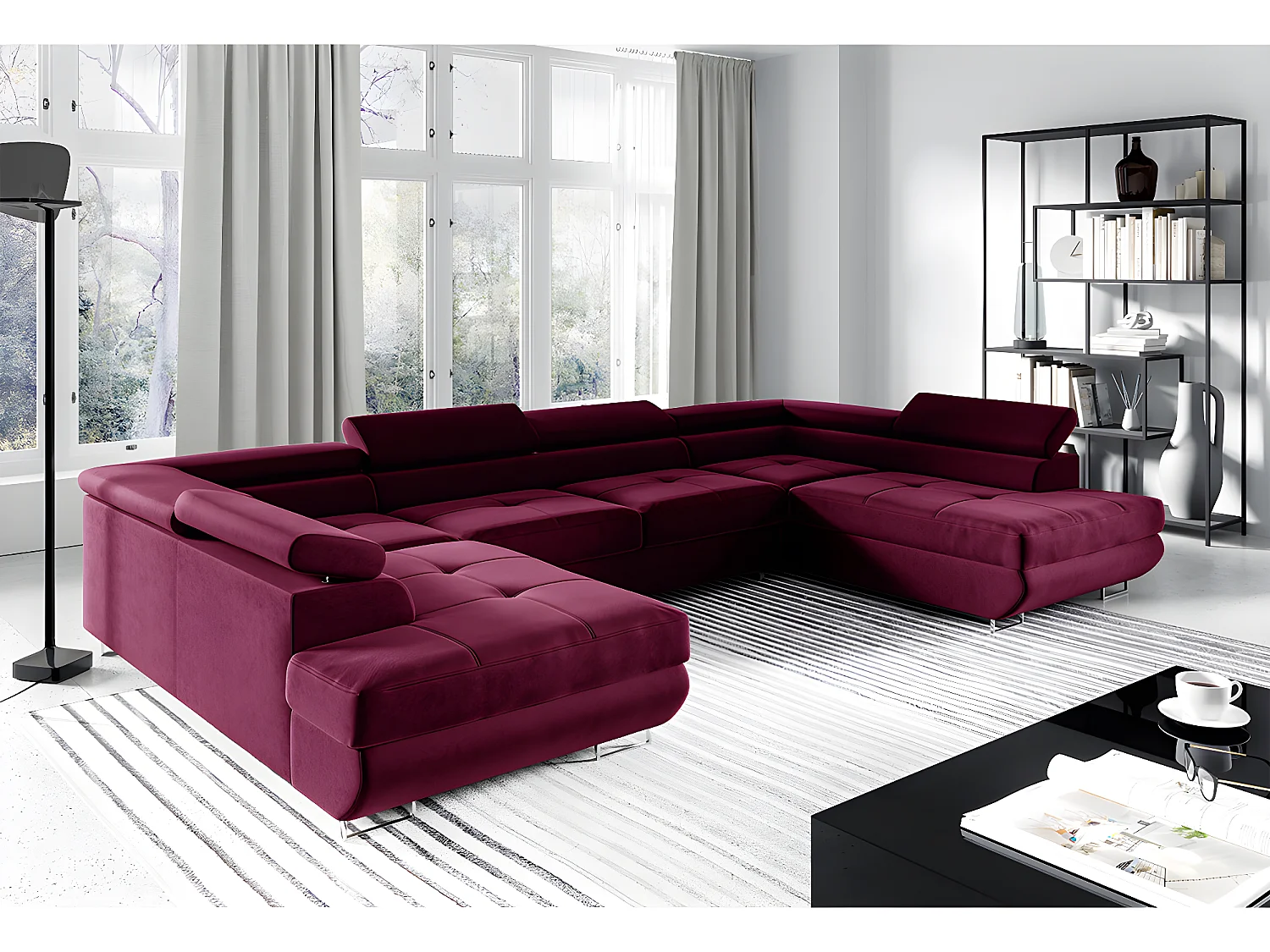 Canapé en U 5 places convertible avec coffre Wilson Bordeaux