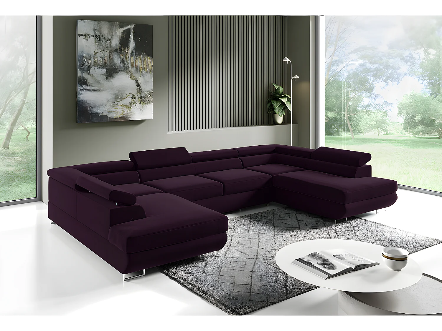 Canapé en U 5 places convertible avec coffre Lyam Bordeaux