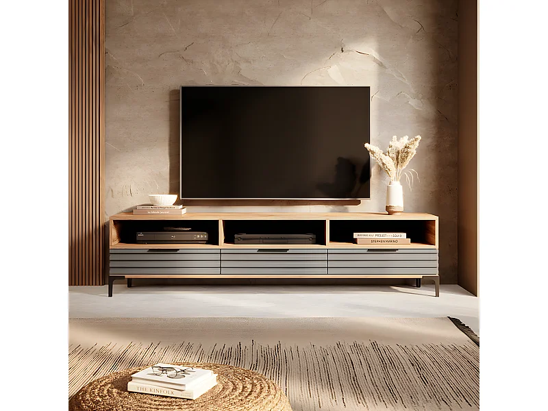 Mueble de TV - de pie - roble wotan / gris mate - frente 3D - 160 cm - Rikke