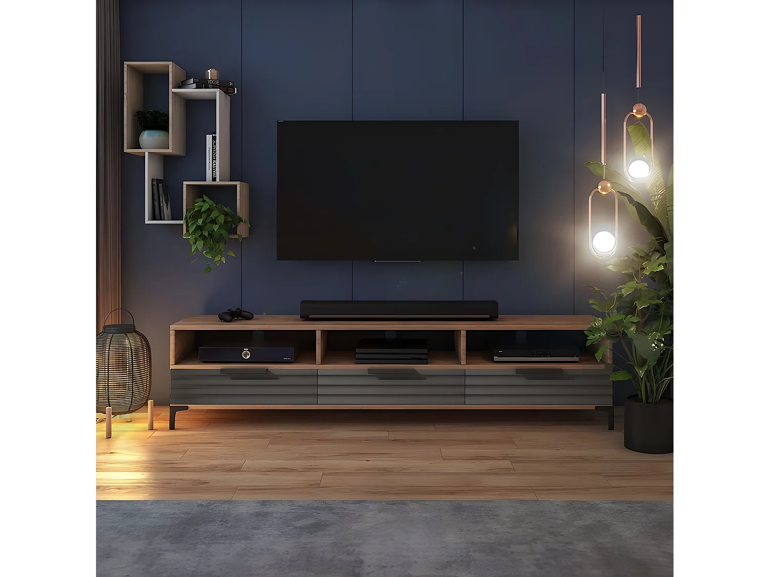 TV-meubel - 160 cm - wotan eiken / matgrijs - 3D front - RIKKE