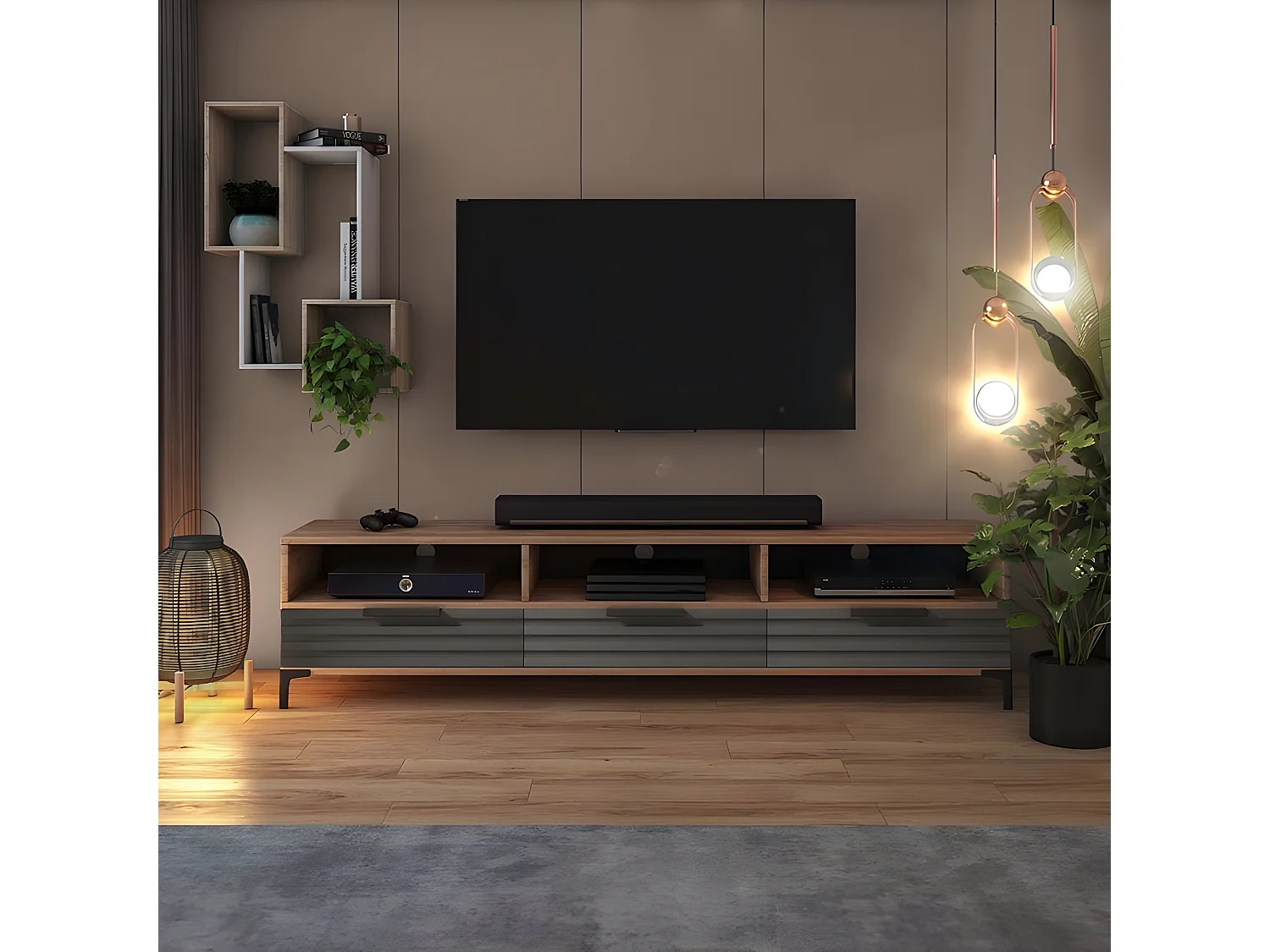 TV-meubel - 160 cm - wotan eiken / matgrijs - 3D front - RIKKE