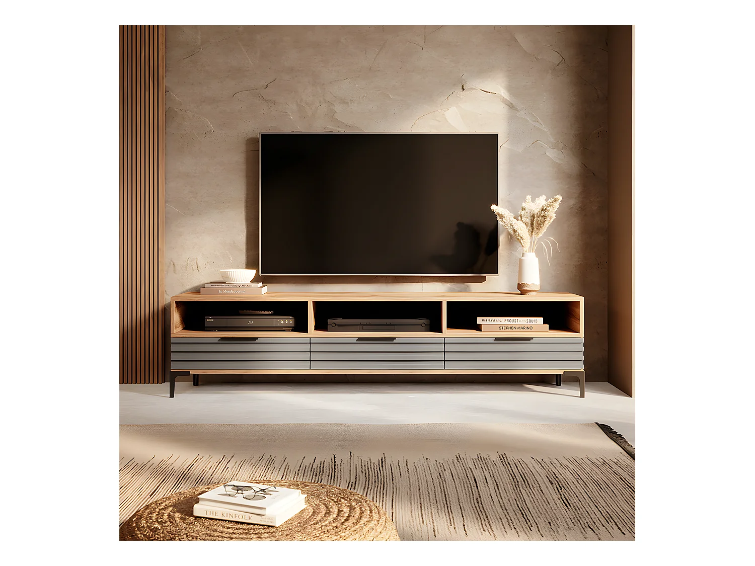 Meuble TV - 160 cm - chêne wotan / gris mat - façade 3D -  RIKKE