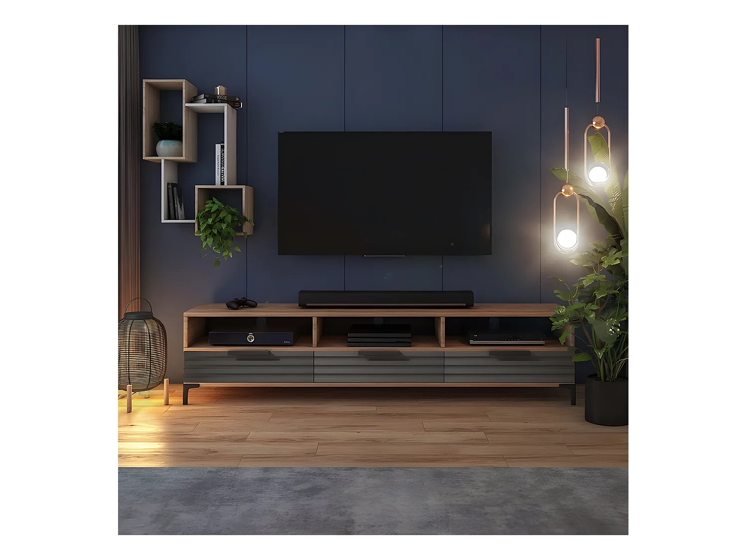 Mueble de TV - de pie - roble wotan / gris mate - frente 3D - 160 cm - Rikke